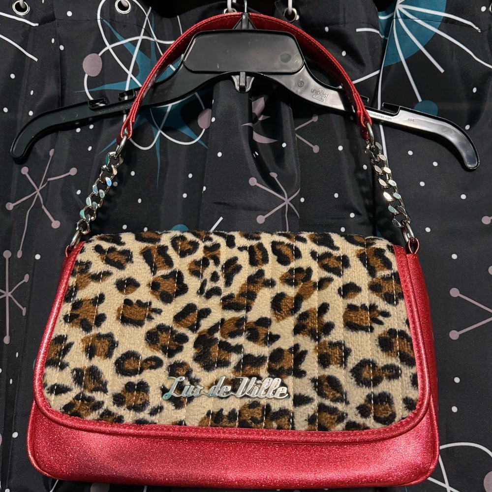 Lux de Ville mini gambler tote red sparkle & leopard